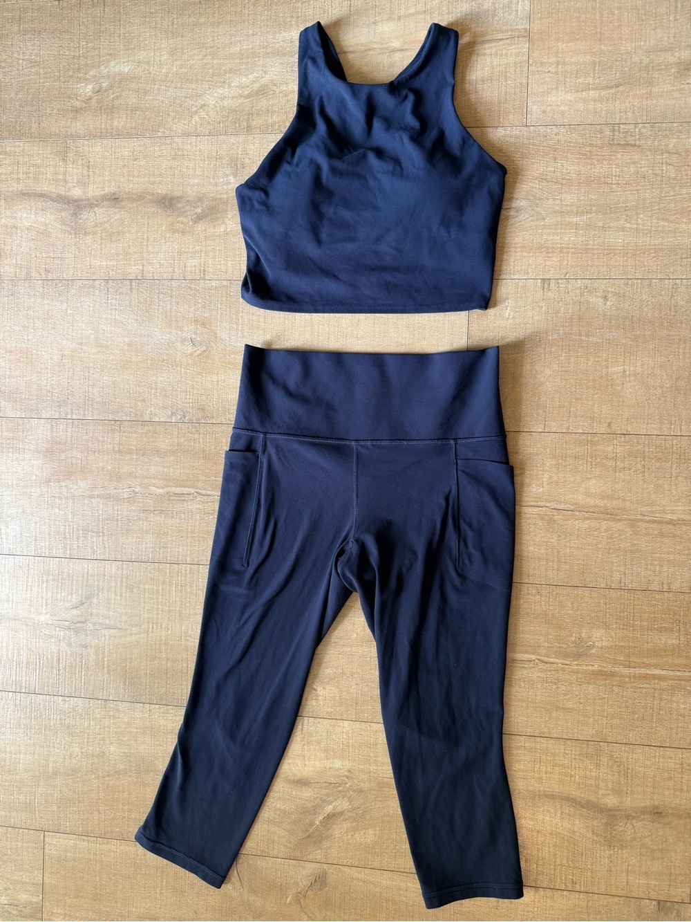 Set: Athleta Navy Conscious crop Sports Bra Small & Salutation Capris Medium